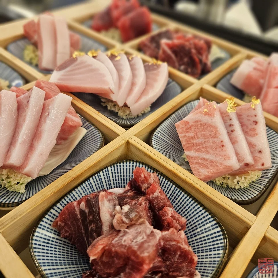 Gold Tuna tuna sashimi artwork, omakase course meal, exquisite presentation