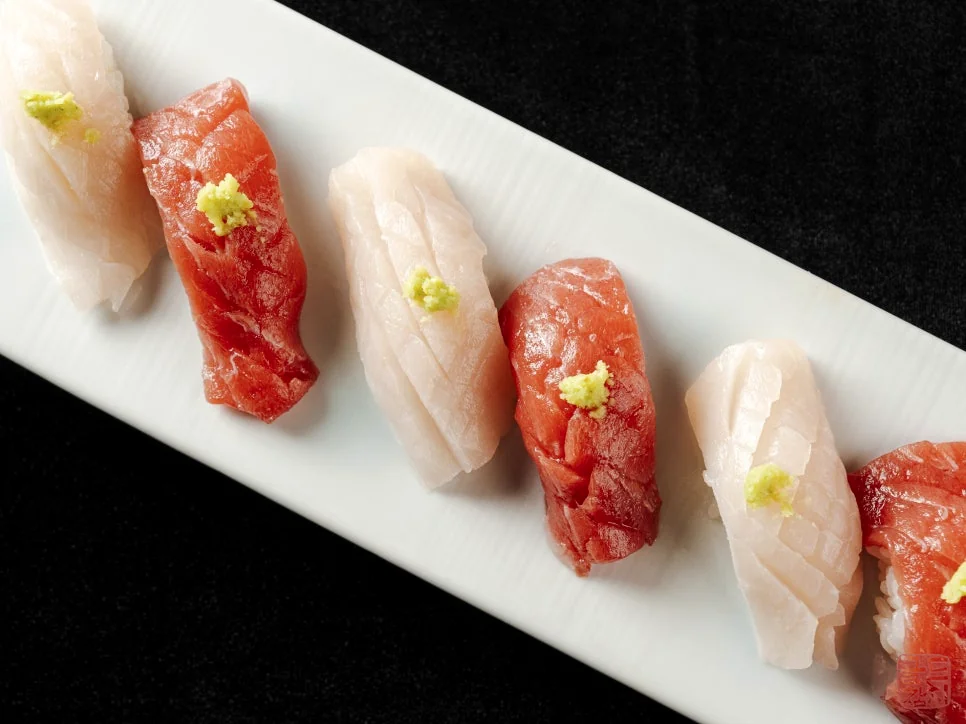 Gold Tuna tuna sushi, king oyster mushroom teppanyaki