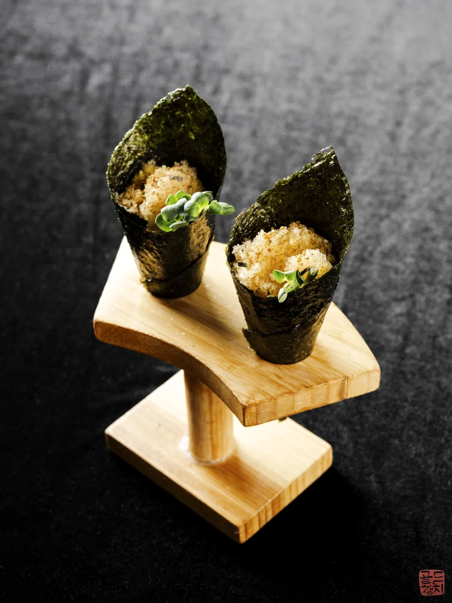 Gold Tuna fried tuna, maki roll, omakase course