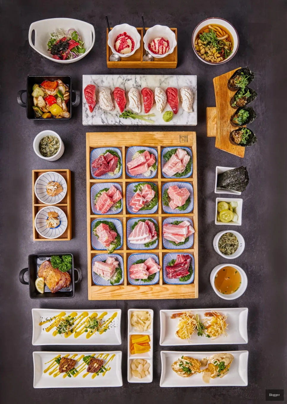 Gold Tuna 15-course omakase full table setting, premium tuna sashimi and dishes