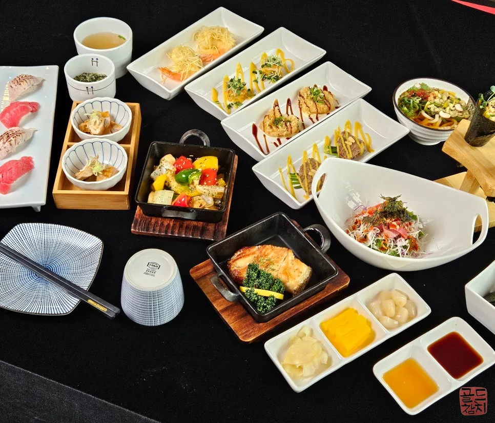 Collection of various side dishes in Goldtuna course meal
