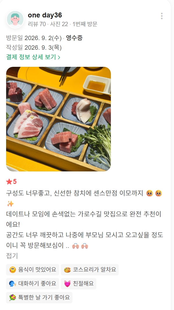 An actual review photo uploaded by a customer showing various cuts of tuna sashimi served on small plates.