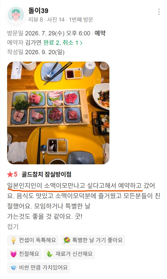 An actual review photo uploaded by a customer, showing various cuts of tuna sashimi served on a square tray.