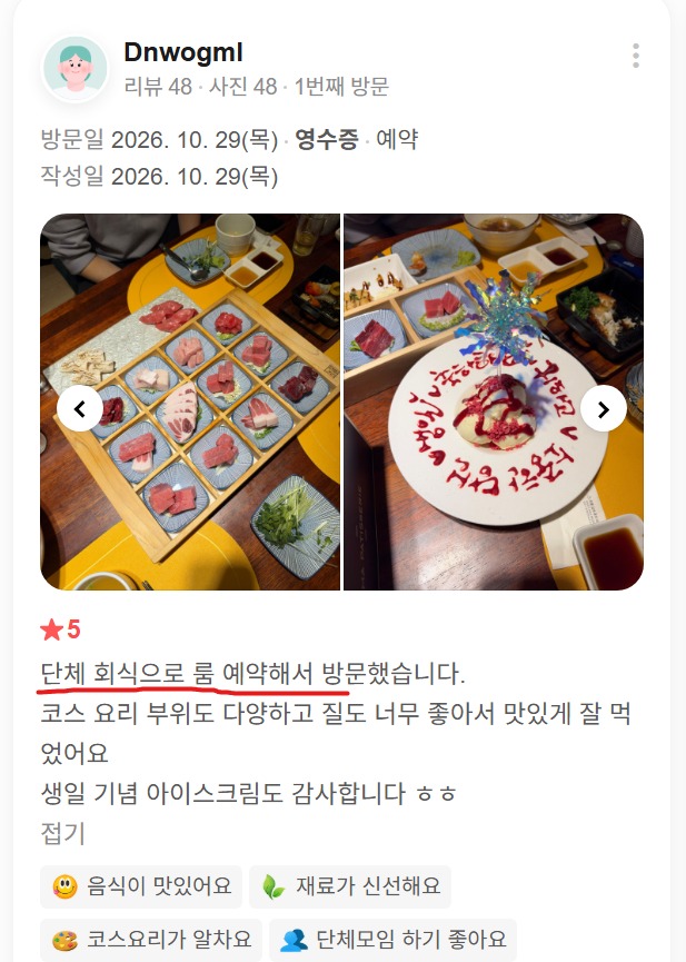 This is an actual review photo uploaded by a customer, featuring various cuts of tuna sashimi and an ice cream dessert with a birthday message.